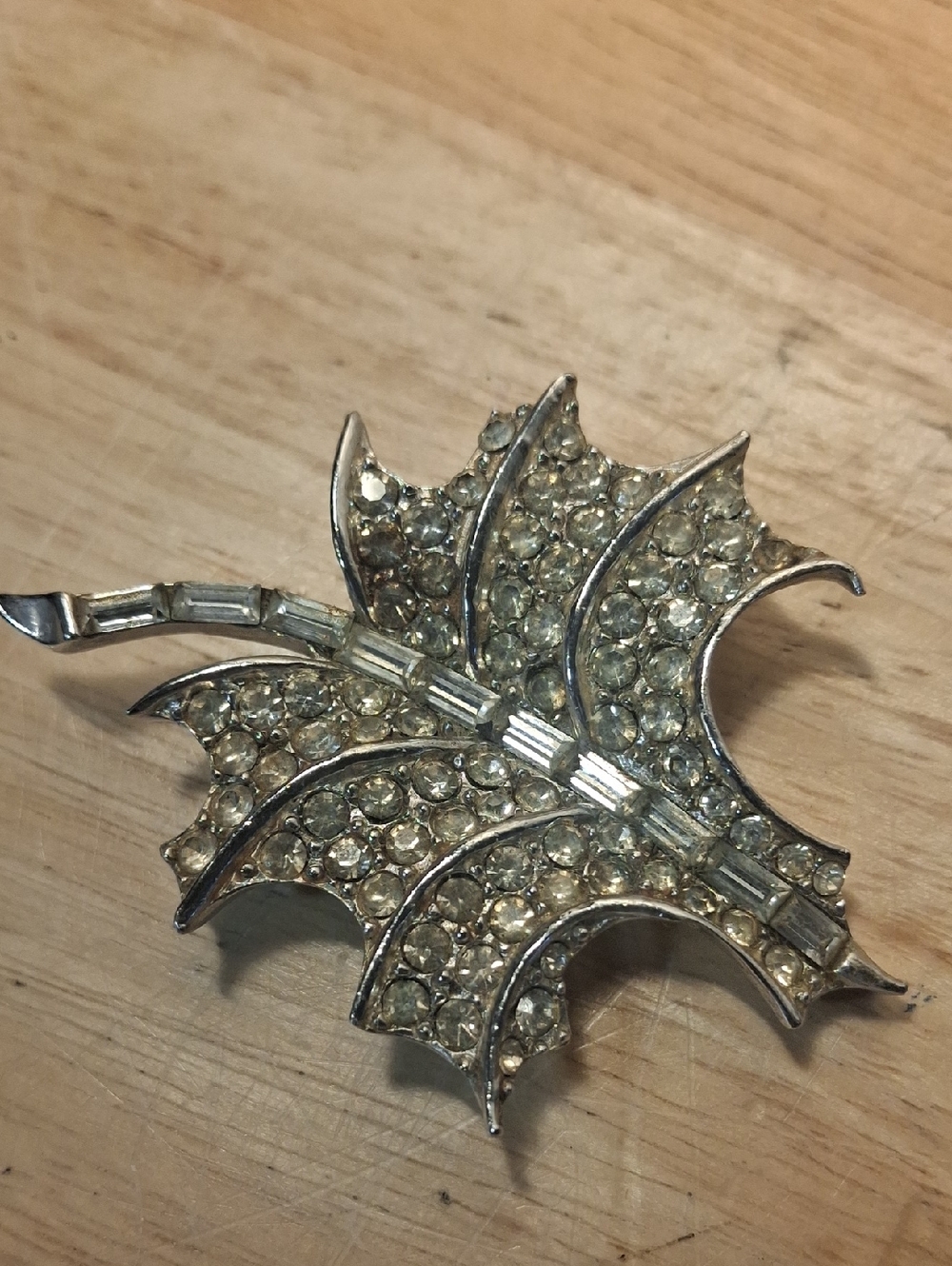 Crystal Pave Leaf Brooch - Clear/Silver Tone